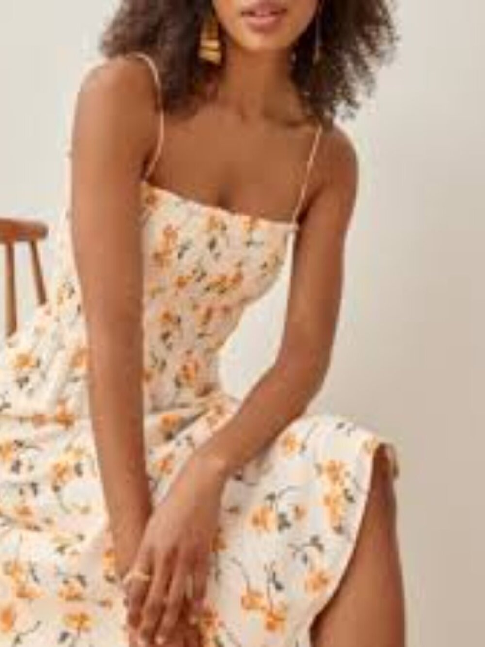 Reformation Cream Tie-Shoulder Smocked Midi Dress with Yellow Floral Print